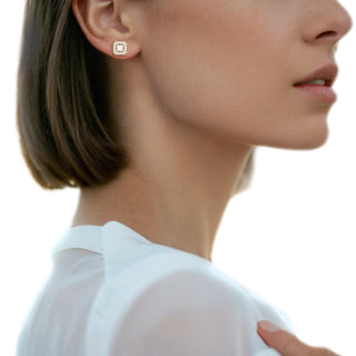 Earrings with 4.48 ct princess cut moissanites and halo in 10k, 14k or 18k gold, customizable