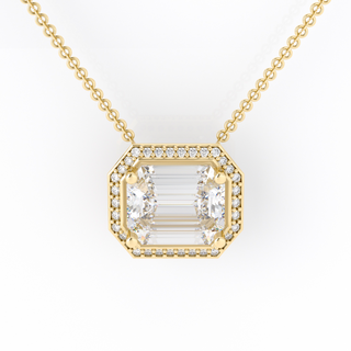 Necklace with 8.5 ct emerald cut moissanites and halo in 10k, 14k or 18k gold, customizable